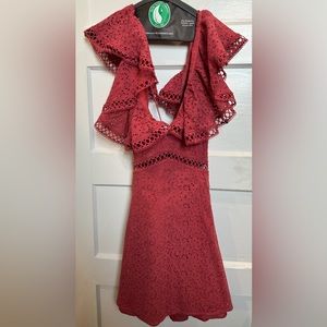 Keepsake deep coral lace dress with tie back, size small